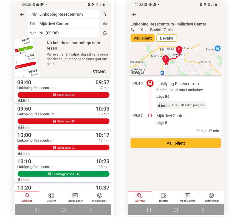 Resesökning i appen med prognos på antal resande
