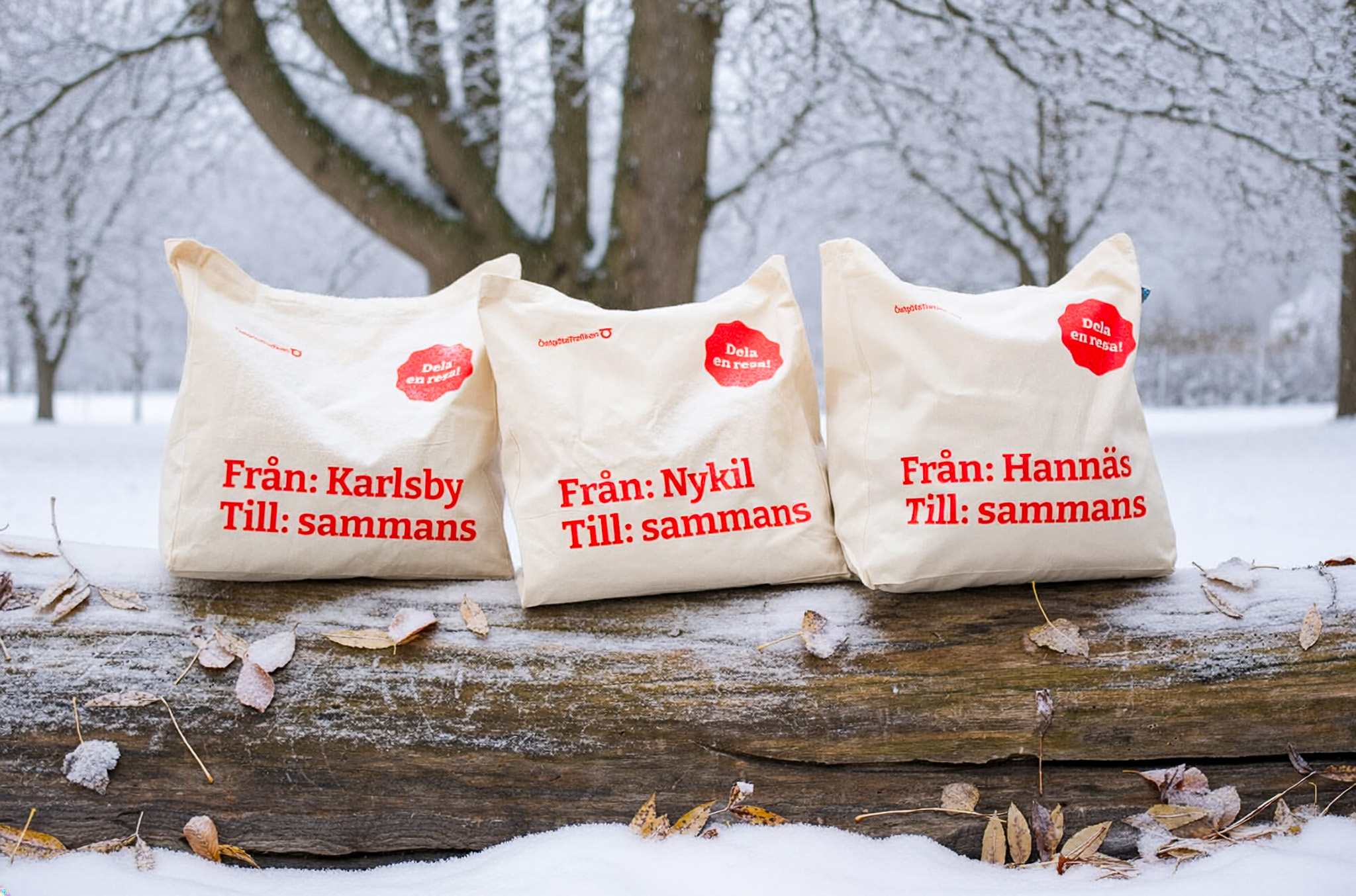 Tygpåsar i vintermiljö.